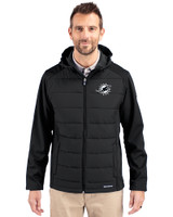 Miami Dolphins Mono Cutter & Buck Evoke Hybrid Softshell Recycled Full Zip Mens Hooded Jacket Black Front