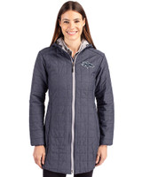 Denver Broncos Mono Cutter & Buck Rainier PrimaLoft®  Womens Eco Insulated Hooded Long Coat Anthracite Melange Front