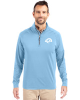 Los Angeles Rams Monochromatic Cutter & Buck Adapt Recycled Soft Knit Stretch  Mens Quarter Zip Pullover Atlas Light Blue Front