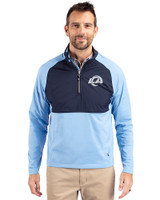 Los Angeles Rams Mono Cutter & Buck Adapt Eco Knit Hybrid Recycled Mens Quarter Zip Atlas/Navy Blue Front