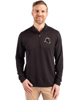 Los Angeles Rams NFL Helmet Cutter & Buck Virtue Eco Pique Recycled Quarter Zip Mens Big & Tall Pullover Black Front