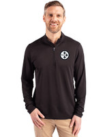 Pittsburgh Steelers Mono Cutter & Buck Virtue Eco Pique Recycled Quarter Zip Mens Big & Tall Pullover Black Front