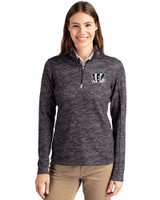 Cincinnati Bengals Mono Cutter & Buck Traverse Stretch Eco Camo Print Quarter Zip Womens Pullover Black Front