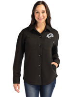 Los Angeles Rams Mono Cutter & Buck Roam Epic Versatility Recycled Womens Shirt Jacket Black Front