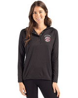 Oklahoma Sooners SEC Cutter & Buck Coastline Epic Comfort Recycled Womens Hooded Shirt Black Front