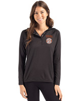 Texas Longhorns SEC Cutter & Buck Coastline Recycled Double Peached Womens Hooded Pullover Black Front