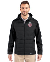 Oklahoma Sooners SEC Cutter & Buck Evoke Hybrid Eco Softshell Recycled Full Zip Mens Big & Tall Hooded Jacket Black Front