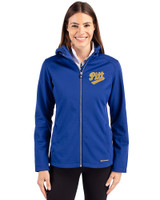 Pitt Panthers College Vault Cutter & Buck Evoke Softshell Recycled Full Zip Womens Jacket Tour Blue Front