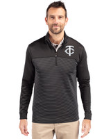 Minnesota Twins Mono Cutter & Buck Traverse Stretch Eco Stripe Quarter Zip Mens Big and Tall Pullover Black Front