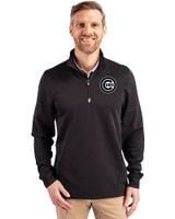 Chicago Cubs Mono Cutter & Buck Traverse Stretch Eco Quarter Zip Mens Big and Tall Pullover Black Front