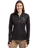 New York Jets NFL Helmet Cutter & Buck Traverse Stretch Eco Quarter Zip Womens Pullover Black Front