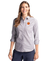 Clemson Tigers Cutter & Buck Stretch Oxford Stripe Womens Long Sleeve Dress Shirt Charcoal Front