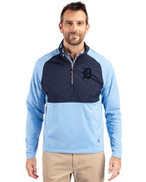 Detroit Tigers Mono Cutter & Buck Adapt Eco Knit Hybrid Recycled Mens Quarter Zip Atlas/Navy Blue Front