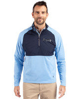 Atlanta Braves Mono Cutter & Buck Adapt Eco Knit Hybrid Recycled Mens Quarter Zip Atlas/Navy Blue Front