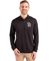 San Diego Padres Mono Cutter & Buck Virtue Eco Pique Recycled Quarter Zip Mens Big & Tall Pullover Black Front