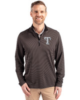 Texas Rangers Mono Cutter & Buck Virtue Eco Pique Micro Stripe Recycled Mens Quarter Zip Black/Elemental Grey Front
