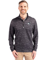 Toronto Blue Jays Mono Cutter & Buck Traverse Stretch Eco Camo Print Quarter Zip Mens Big and Tall Pullover Black Front