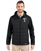 Texas Rangers Mono Cutter & Buck Evoke Hybrid Eco Softshell Recycled Full Zip Mens Big & Tall Hooded Jacket Black Front