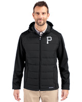 Pittsburgh Pirates Mono Cutter & Buck Evoke Hybrid Eco Softshell Recycled Full Zip Mens Big & Tall Hooded Jacket Black Front