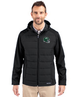 New York Jets NFL Helmet Cutter & Buck Evoke Hybrid Eco Softshell Recycled Full Zip Mens Big & Tall Hooded Jacket Black Front
