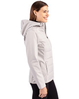 South Florida Bulls Swinging Rocky Cutter & Buck Evoke Hybrid Softshell Recycled Full Zip Womens Hooded Jacket CONCRETE Side