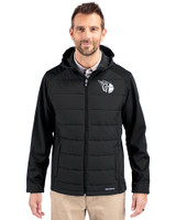 Cleveland Guardians Mono Cutter & Buck Evoke Hybrid Softshell Recycled Full Zip Mens Hooded Jacket Black Front