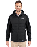 New York Jets Mono Cutter & Buck Evoke Hybrid Softshell Recycled Full Zip Mens Hooded Jacket Black Front