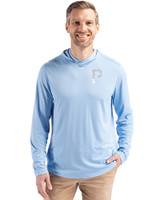 Pittsburgh Pirates Mono Cutter & Buck Coastline Epic Comfort Recycled Mens Hooded Shirt Atlas Light Blue Front