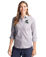 Michigan State Spartans Cutter & Buck Stretch Oxford Stripe Womens Long Sleeve Dress Shirt Charcoal Front