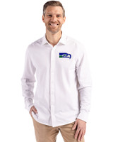 Seattle Seahawks Historic Cutter & Buck Advantage Tri-Blend Eco Soft Pique Long Sleeve Knitted Mens Button Up White Front