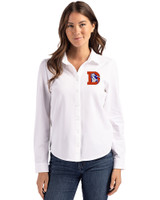 Denver Broncos Historic Cutter & Buck Advantage Tri-Blend Eco Soft Pique Long Sleeve Knitted Womens Button Up White Front