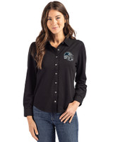 Carolina Panthers NFL Helmet Cutter & Buck Advantage Tri-Blend Eco Soft Pique Long Sleeve Knitted Womens Button Up Black Front