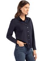 Carolina Panthers Americana Cutter & Buck Advantage Tri-Blend Eco Soft Pique Long Sleeve Knitted Womens Button Up Liberty Navy Side