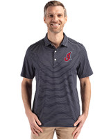 Cleveland Indians Cooperstown Cutter & Buck Forge Recycled Fine Line Stripe Four-Way Stretch Mens Polo Navy Blue/White Front