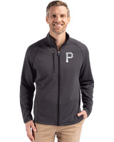 Pittsburgh Pirates Monochromatic Cutter & Buck Peshastin Recycled Grid Fleece Mens Full Zip Jacket Black Heather Front
