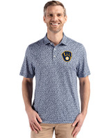 Milwaukee Brewers Cutter & Buck Pike Eco Flora Print Recycled Mens Polo Navy Blue Front