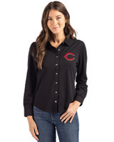 Cincinnati Reds Cutter & Buck Advantage Recycled Cotton-Blend Pique Womens Long Sleeve Button Down Shirt Black Front
