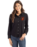 Baltimore Orioles Cooperstown Cutter & Buck Advantage Tri-Blend Eco Soft Pique Long Sleeve Knitted Womens Button Up Black Front