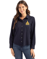Seattle Mariners Cooperstown Cutter & Buck Advantage Tri-Blend Eco Soft Pique Long Sleeve Knitted Womens Button Up Liberty Navy Front