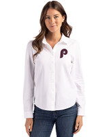 Philadelphia Phillies Cooperstown Cutter & Buck Advantage Tri-Blend Eco Soft Pique Long Sleeve Knitted Womens Button Up White Front