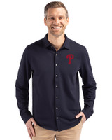 Philadelphia Phillies Cutter & Buck Advantage Tri-Blend Eco Soft Pique Long Sleeve Knitted Mens Button Up Liberty Navy Front