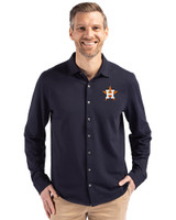 Houston Astros Cutter & Buck Advantage Tri-Blend Eco Soft Pique Long Sleeve Knitted Mens Button Up Liberty Navy Front