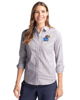 Kansas Jayhawks Cutter & Buck Stretch Oxford Stripe Womens Long Sleeve Dress Shirt Charcoal Front