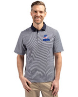 Cleveland Browns Americana Cutter & Buck Virtue Recycled Micro Stripe Featherlight Pique Mens Big & Tall Polo Navy Blue/White Front