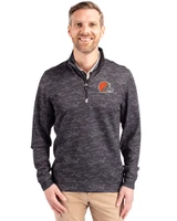 Cleveland Browns Cutter & Buck Traverse Recycled Smooth Stretch Mens Big & Tall Camo Quarter Zip Pullover Black Front