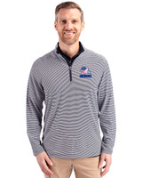 Cleveland Browns Americana Cutter & Buck Virtue Recycled Micro Stripe Featherlight Pique Mens Big & Tall Quarter Zip Pullover Navy Blue/White Front
