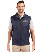 Seattle Seahawks Cutter & Buck Stealth Hybrid Quilted Mens Big and Tall Windbreaker Vest Liberty Navy Front