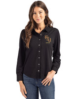Florida State Seminoles Alumni Cutter & Buck Advantage Tri-Blend Eco Soft Pique Long Sleeve Knitted Womens Button Up Black Front
