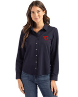 Dayton Flyers Cutter & Buck Advantage Tri-Blend Eco Soft Pique Long Sleeve Knitted Womens Button Up Liberty Navy Front