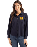 Michigan Wolverines Alumni Cutter & Buck Advantage Tri-Blend Eco Soft Pique Long Sleeve Knitted Womens Button Up Liberty Navy Front